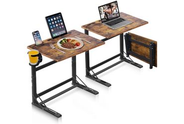 Folding TV Tray Table Heavy Duty Sturdy C Shaped End Table for Couch with Cup Holder