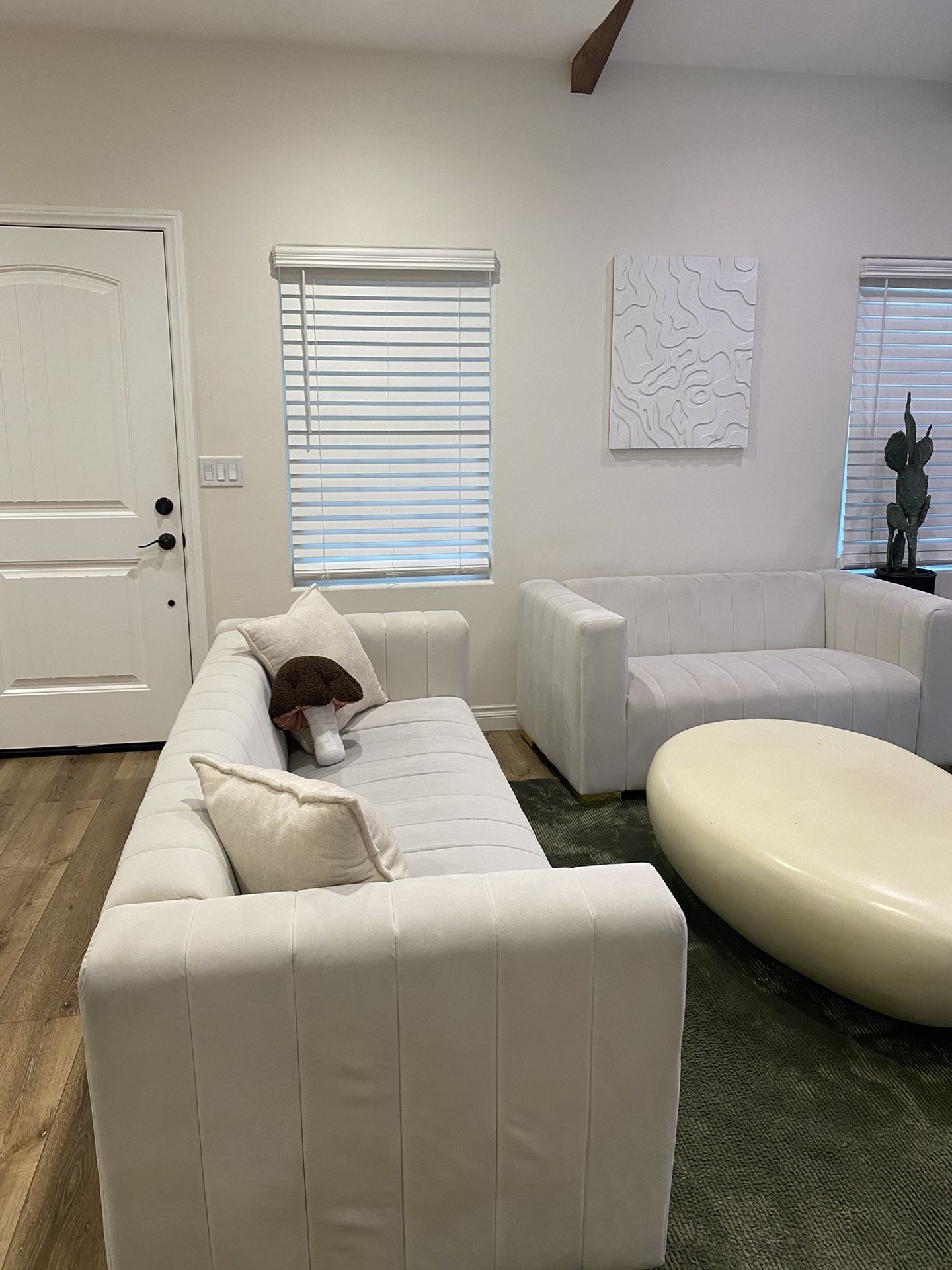 Ivory channel-tufted velvet sofa set with track arms