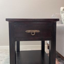 Solid Wood Espresso Rustic End Table – Drawer + Removable Shelf – Signed by Maker