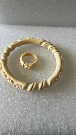 VTG Japanese Carved Bangle Bracelet & Matching Ring 7 w/ Brass-Ivory/Celluloid?