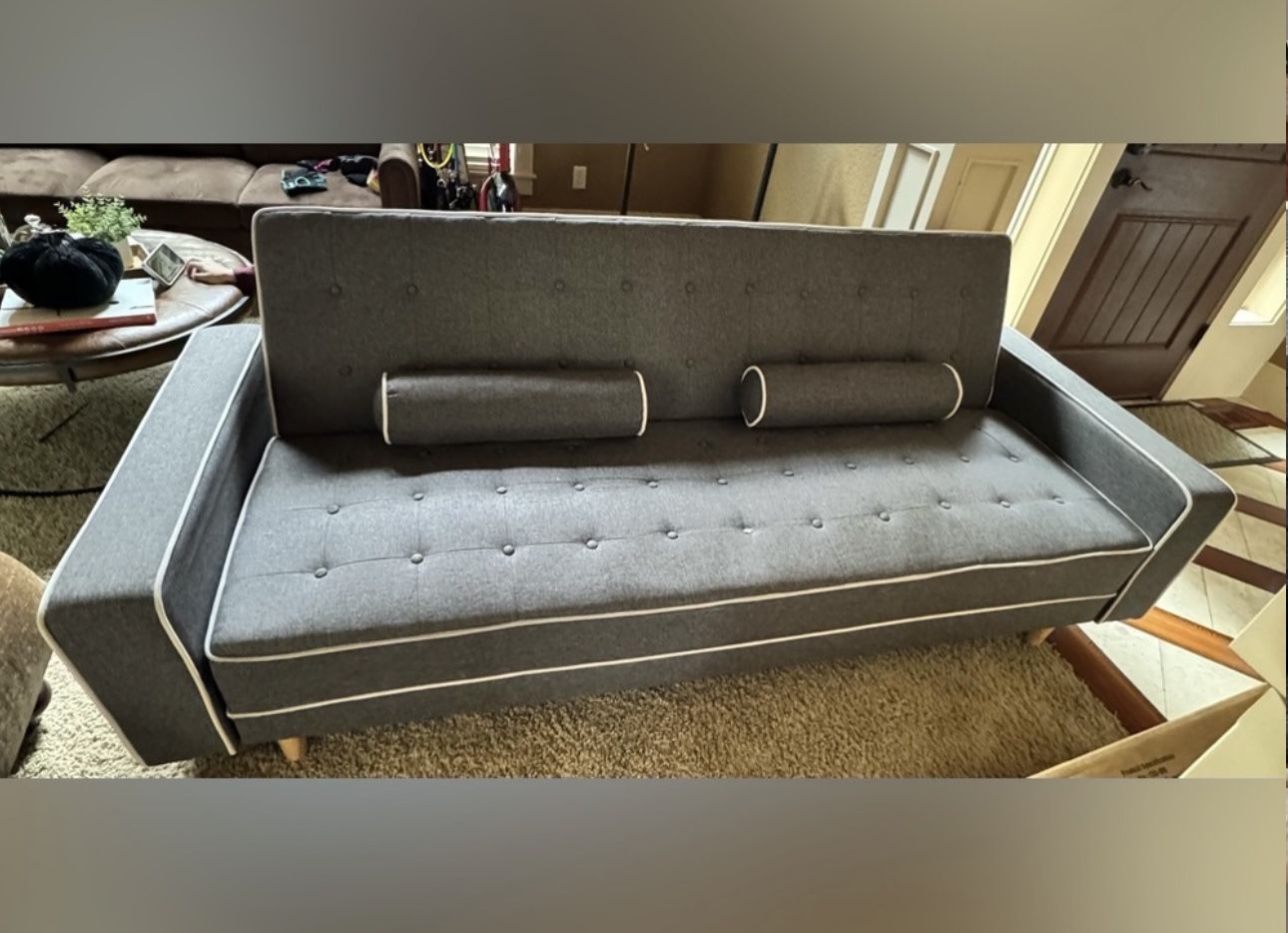 Sofa Bed with Contrast Piping Grey and Natural