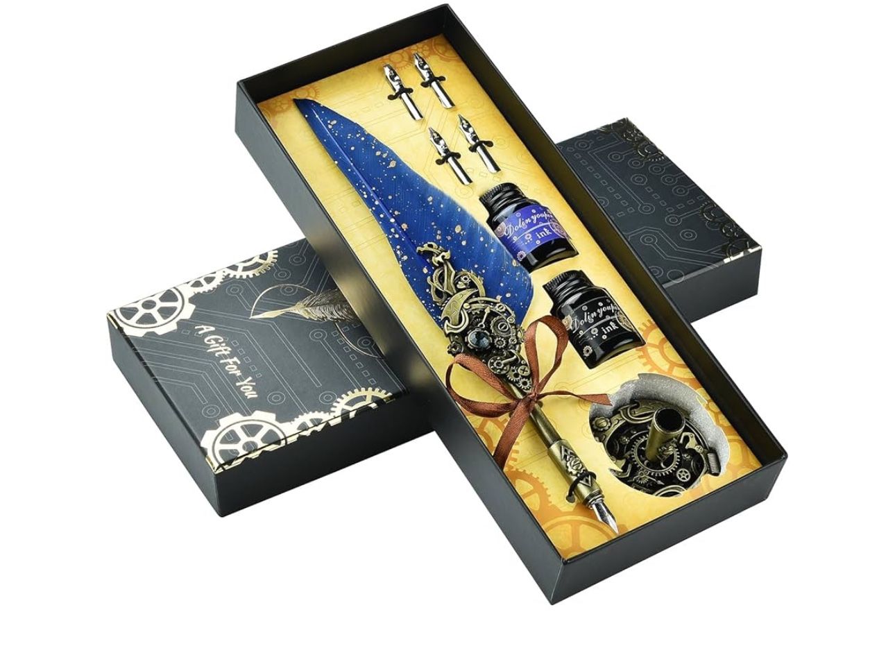 Hethrone Quill Pen and Ink Set Calligraphy Pens for Beginners Feather Pens Fountain Dip Pen Set (Navy)