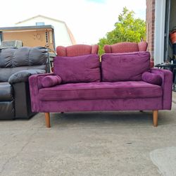 Purple Velvet Loveseat with Wood Legs