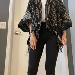 Lightweight Handwoven Black & Grey Poncho with Frills
