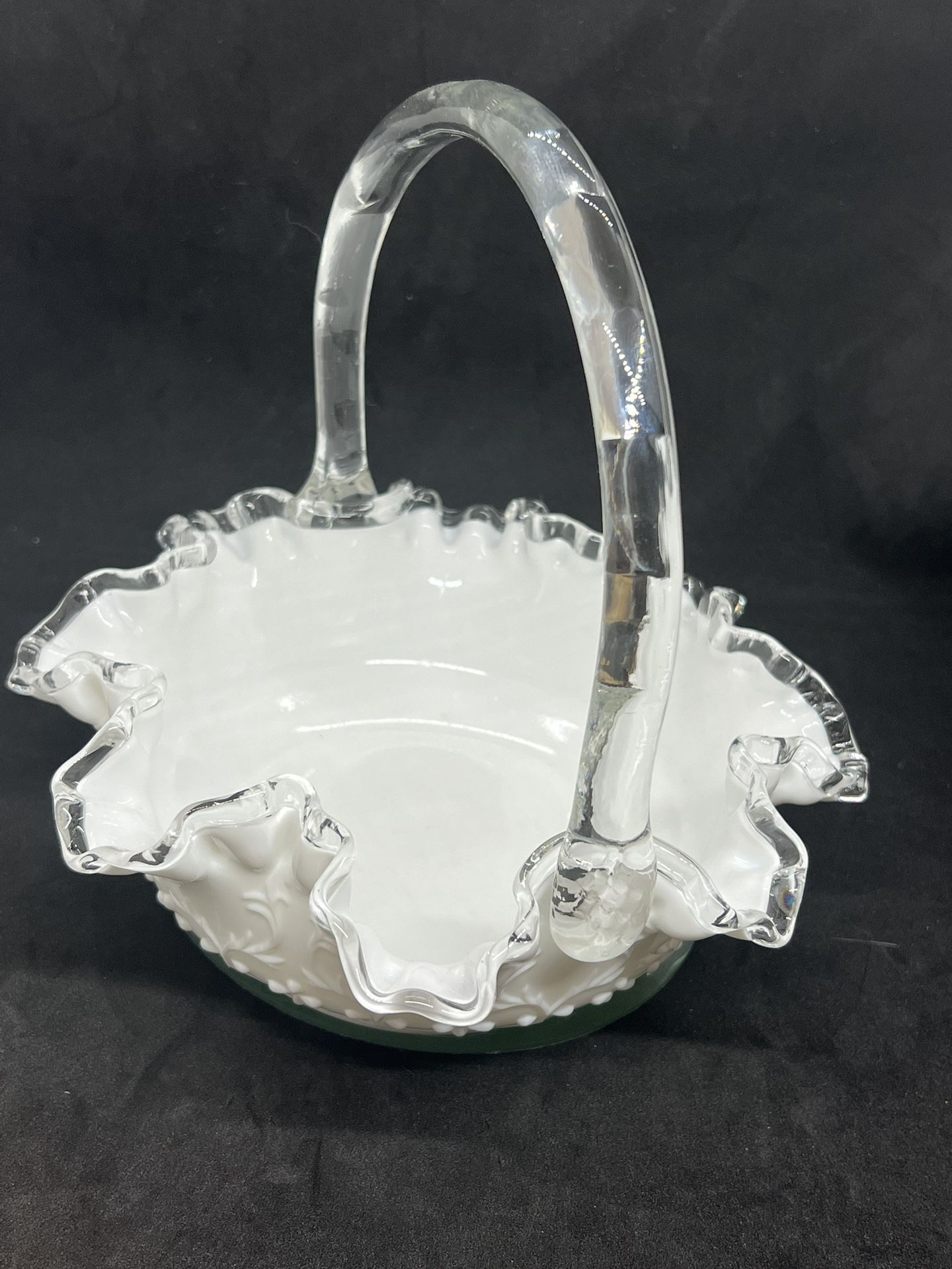 VTG Fenton Milk Glass Silver Crest Basket in the Spanish lace pattern Stamped 8”