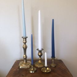 Mismatched Collection of 5 Vintage Solid Brass Candle Holders, Includes New Candles
