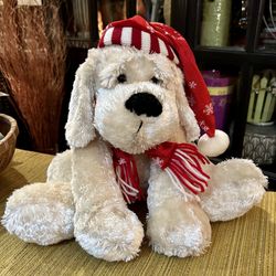 Large Puppy Dog With Red & White Hat & Scarf