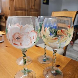 Set Of 4 Hand Painted Wine Glasses
