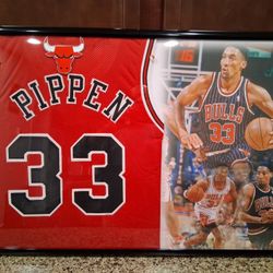 SCOTTIE PIPPEN HALL OF FAMER WITH THE CHICAGO BULLS STITCHED,BRANDED,FRAMED JERSEY.