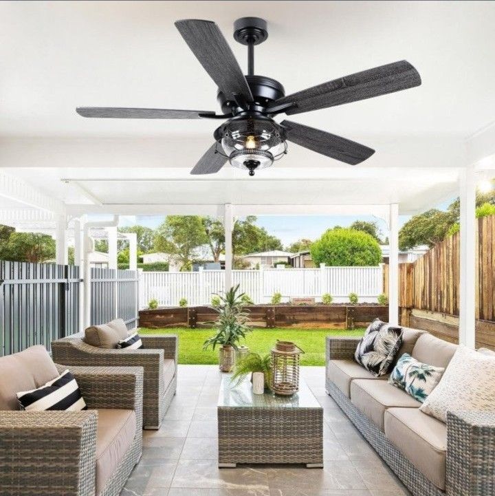 52 Inch Waterproof Wet Rated Ceiling Fan, 6 Speeds Modern Black Fan Lights with 2 Styles Reversible Blades