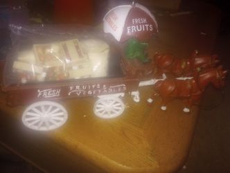 Antique Cast Iron Produce Wagon With Horses Toy