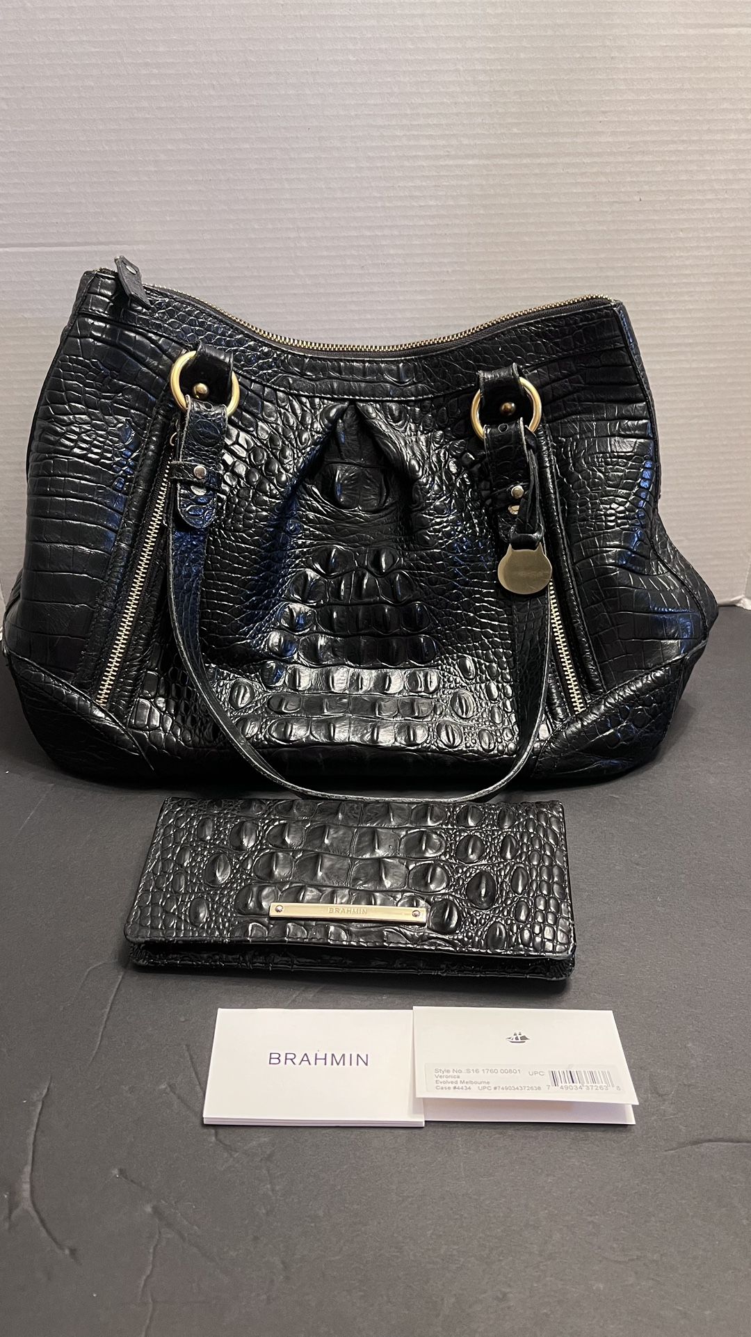 BRAHMIN Black Selma Croc Embossed Leather Pleated Shoulder Tote Bag Top Zipper