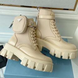 Designer Prada Monolith leather and Re-Nylon boots with pouch. Available In All Sizes