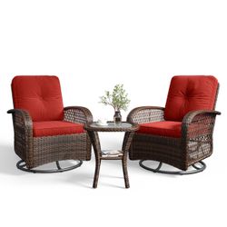 3 Pieces Patio Furniture Set, Patio Swivel Rocker Chairs Set of 2, Wicker Outdoor Bistro Set with Rocking Chair, Thickened Cushions and Table for Porc