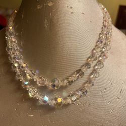 Vintage Aurora Borealis Beaded Two  Strand Choker Style Necklace