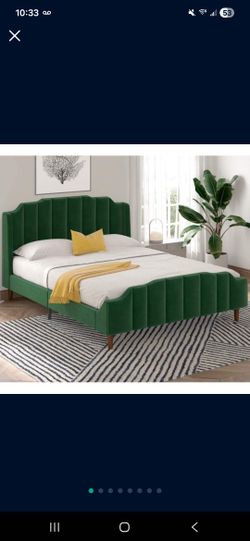 Queen Size Platform Bed Frame with Modern Curved Upholstered Wingback Headboard, Heavy Duty and Strong Wood Slat Support, Green