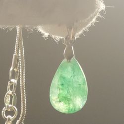 Pear Cut Emerald Pendant W Chain 925 Silver Snake Chain 16" Long 