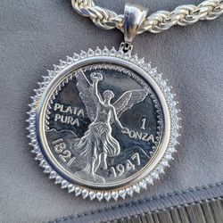 Pure Silver Centenario / Solid 925 Silver Bezel/ Solid 925 Silver Rope 26 Inch Chain