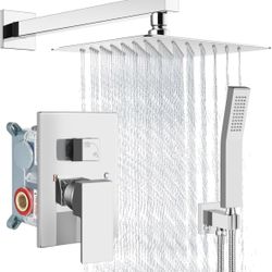 Shower Faucet Set Rain Shower System with Handheld Spray Bathroom Shower Combo Rough-in Valve and Shower Trim Kit Included Polish Chrome 8 Inch Wall M