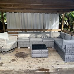 Rattan Outdoor Patio Sectional Tables And Propane Gas Fire pit Seats 7