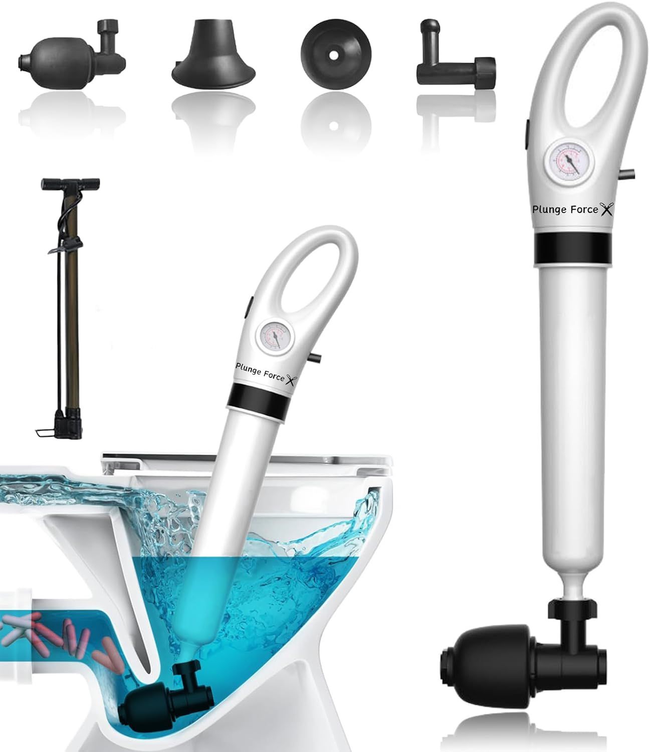 PLUNGE FORCE X⢠Toilet Plunger, High Pressure Air Drainage Injector, Pneumatic Sewer Piston with Visual Air Pressure Gauge, Bathrooms, Sinks, Floor Dr