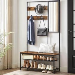 Coat Rack Shoe Bench with Mirror, Hall Tree with Bench and Shoe Storage Shelves, 13.8 x 38.6 x 70.9 in, Bedroom Living Room, Industrial S
