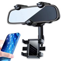 Rear View Mirror Phone Holder for Car, 360° Rotatable and Retractable Phone Holder Compatible with iPhone Samsung All 4-7 Inch Cell Phones