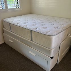 White Wood Full Size Bed Frame With  Drawers And Mattress