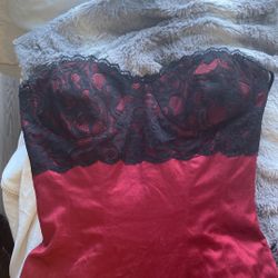 BeBe Red Satin Strapless Dress With Black Lace Detail