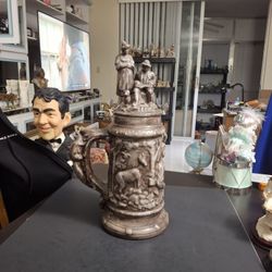 Large Collectible Ceramic Beer Stein With 3D Hunting & Wilderness Scenes-Top Is Also Ceramic W/Man & His Wife & Dog, Gray With Brown Glaze 15" Tall 