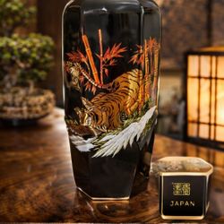 Vintage Japanese Lacquer Vase Tiger Bamboo Marked Japan Hand Painted Decor