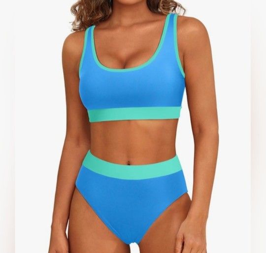 Tempt Me Women Sporty Bikini Set, Two Piece Swimsuit Color Block Bathing Suit Size XL