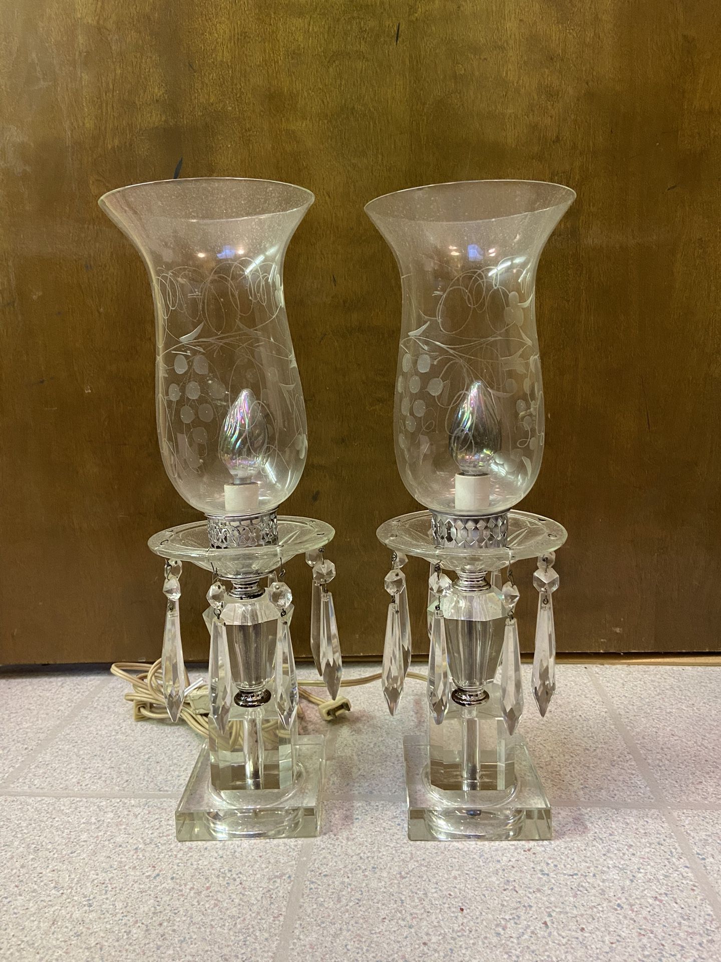 Vintage Hurricane Tear Drop Crystal Table Lamps