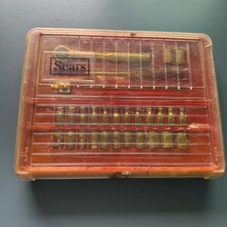 Old School Vintage Sears Socket 31 pc Set Ratchet Extensions Red Tray Clear Lid Very USED