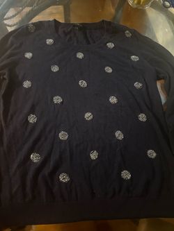Navy Knit Sweater with Silver Beaded Polka Dots