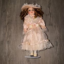 Porcelain Girl Doll Blue Eyes Curly Brown Hair Pink Lace Dress & Hat
