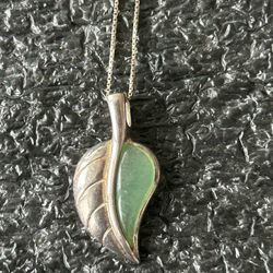 Sterling Silver Signed RJ Jade Leaf Pendant