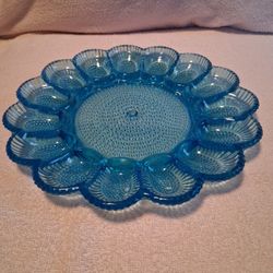 Vintage Indiana Blue Depression Glass Hobnail Deviled Egg Dish