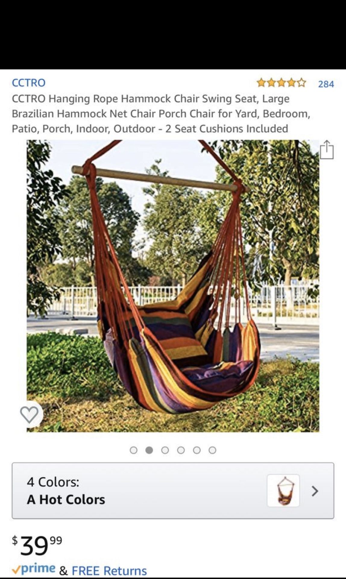 CCTRO Hanging Rope Hammock Chair Swing Seat,