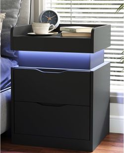Modern Nightstand with Sliding Top, Night Stand with Charging Station and LED Lights, Bedside Table with 2 Drawers, End Side Table for Bedroom, Living