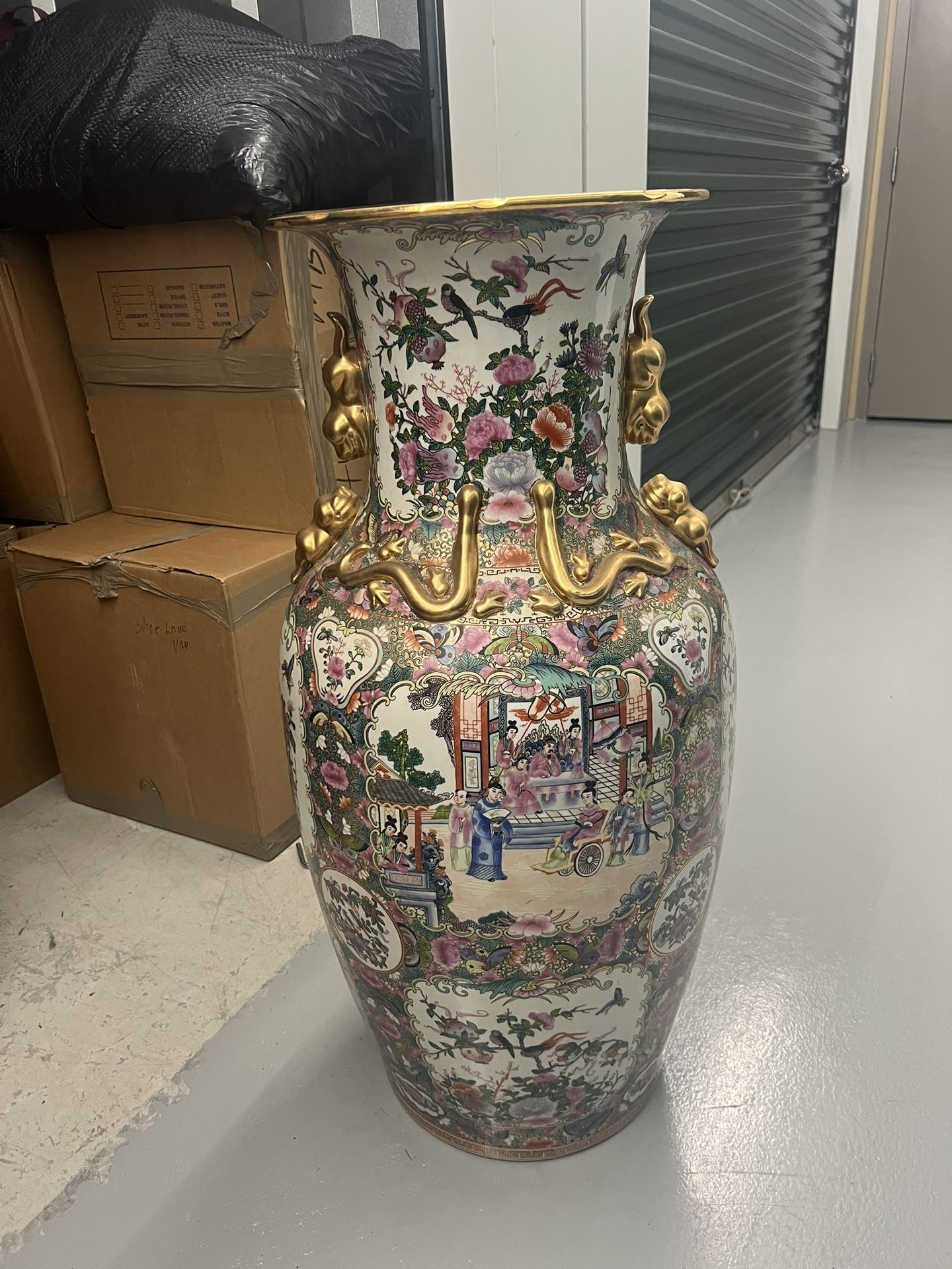 Palace Size Porcelain Vase with Floral Motif and Gold Accents