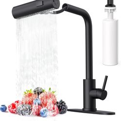 Matte Black Waterfall Kitchen Faucets with Pull Down Sprayer & Soap Dispenser, Single Hole & Handle, Pull Out Tap, Stainless Steel Sink Faucet, Suitab