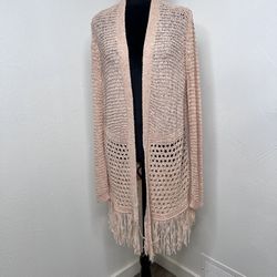 Chicos Sweater Women 2 M/L PinkCardigan Shimmer Open Knit Fringe Front Travelers