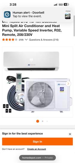 18,000 BTU 1.5-Ton Ductless Mini Split Air Conditioner and Heat Pump, Variable Speed Inverter, Remote, 208/230V