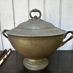 Large antique pewter bowl / raised pedestal bowl / lidded tray  / with decorative ring handles / home decor display