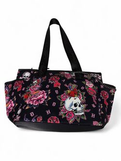 Ed Hardy black lunch tote bag with pink skulls and roses insulated comes with a container for food