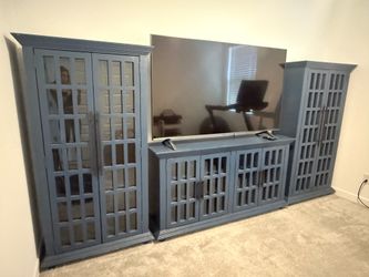 3 blue cabinets
