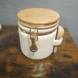 Vintage Ceramic Canister Container Storage Jar With Wooden Lid And Wooden Spoon