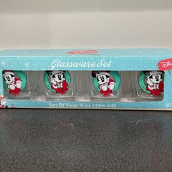 DISNEY HOLIDAY CHRISTMAS MICKEY MINNIE MOUSE WREATH GLASSWARE SET LOWBALL GLASS