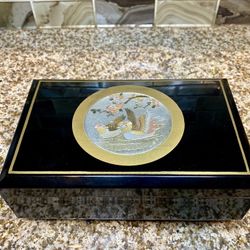 Vintage Black Lacquer Music Jewelry Box Trinket Gold Mandarin Ducks Japan WORKS.